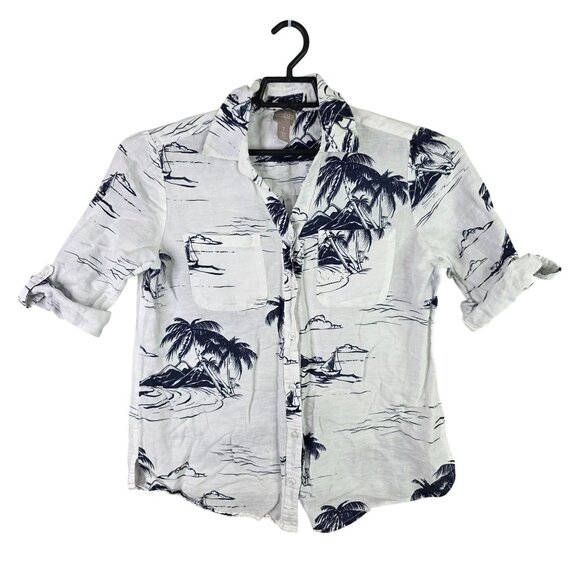 Womens Chico's White & Blue Hawaiian Linen Blend Shirt Button Up Rolled Sleeve 1 - Picture 1 of 8